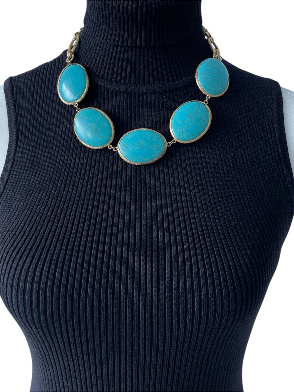 Bold Handmade Turquoise Oval Statement Necklace with Gold Accents